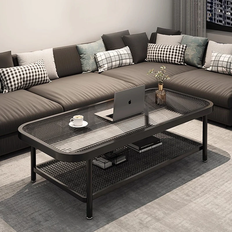 Traditional French Glass Iron Rounded Rectangular Coffee Table 2-Tier For Living Room