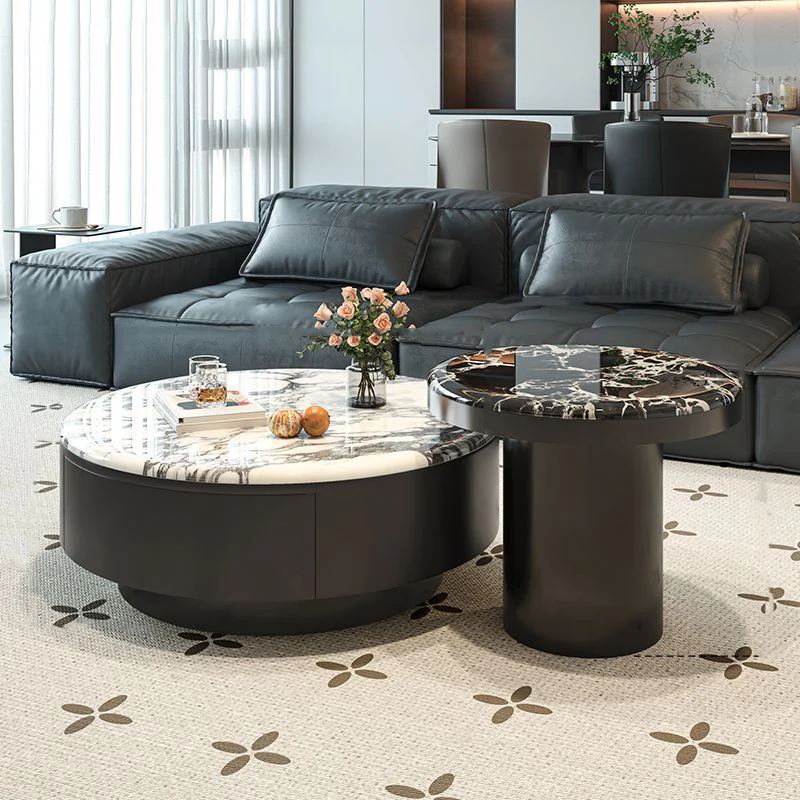 Contemporary Scandinavian Microcrystalline Stone Carbon Steel Acrylic Solid Wood Round Cylindrical Coffee Table With 1-Drawer For Living Room
