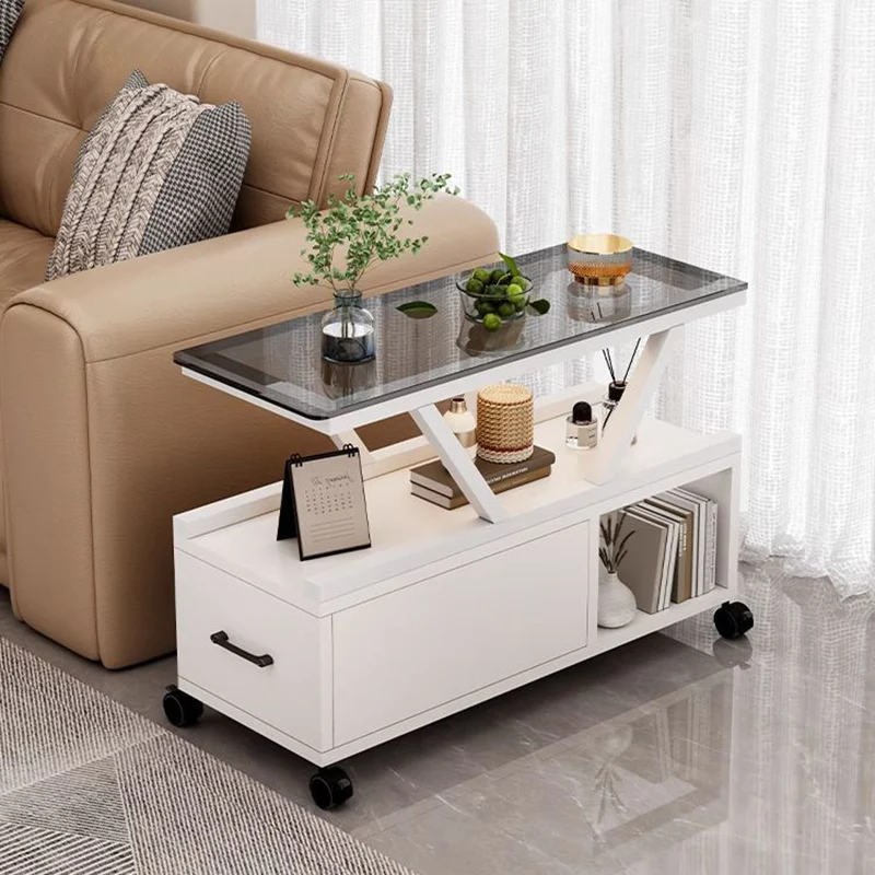 Contemporary Creative Glass Chipboard Iron Movable Rectangular Coffee Table 3-Tier For Living Room