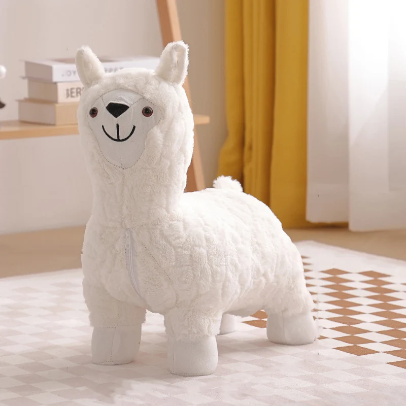 Modern Art Deco Kids Silk Floss Solid Wood Alpaca-Shaped Low Stool For Living Room
