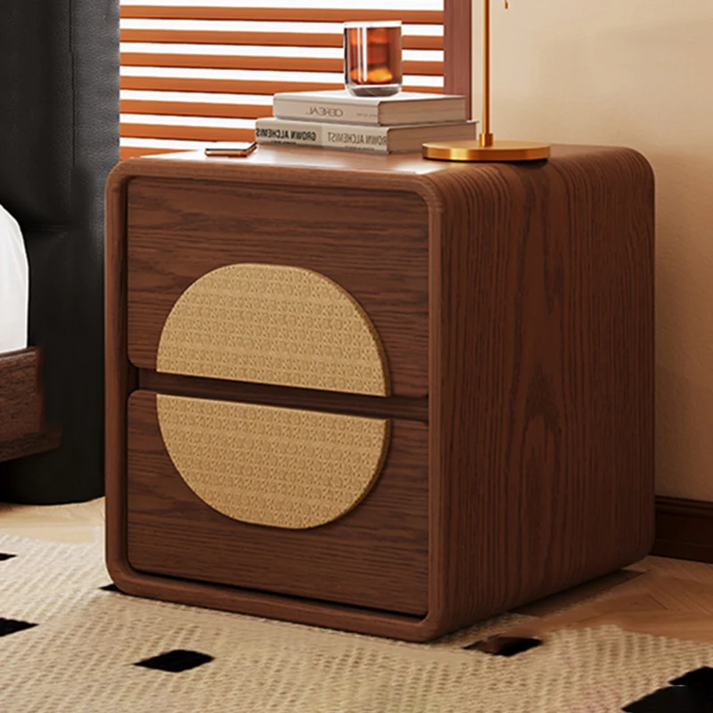 Traditional Chinese Solid Wood Round Rectangular Nightstand 2 Drawers For Bedroom