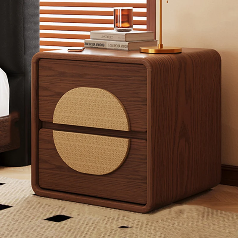 Traditional Chinese Solid Wood Round Rectangular Nightstand 2 Drawers For Bedroom