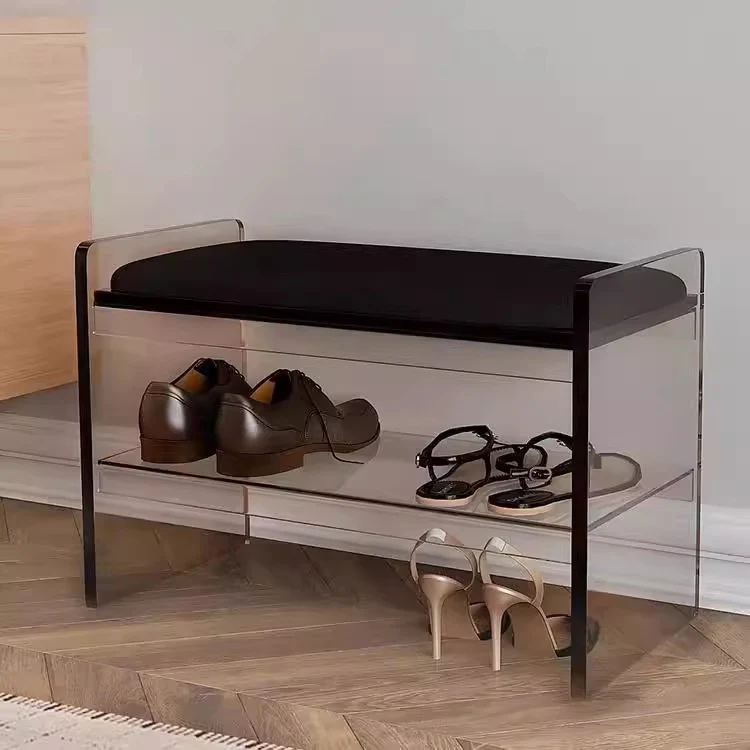 Modern Minimalist Top Grain Leather Acrylic Rounded Rectangular Shoe Bench With 2-Tier For Living Room