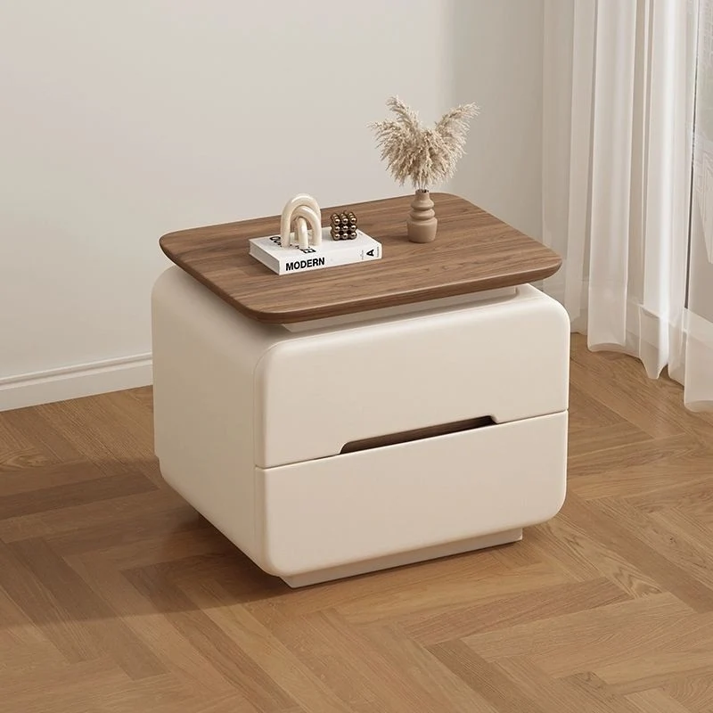 Contemporary Creative Solid Wood Plywood Faux Leather Rounded Square Nightstand 2-Drawer Bedroom