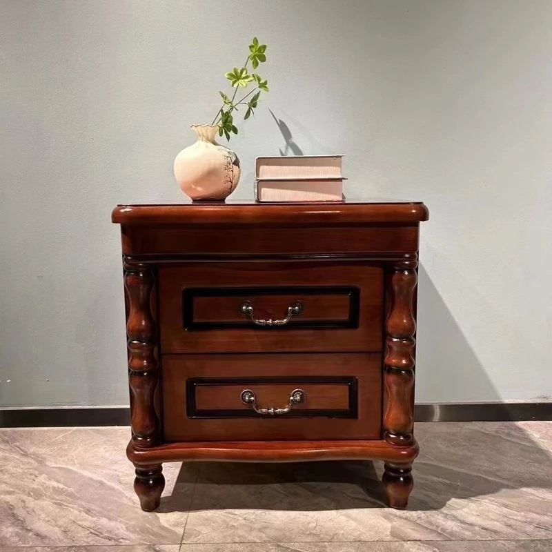 Traditional Chinese Rubberwood Solid Wood Plywood Fluted Square Nightstand With 2 Drawers For Bedroom