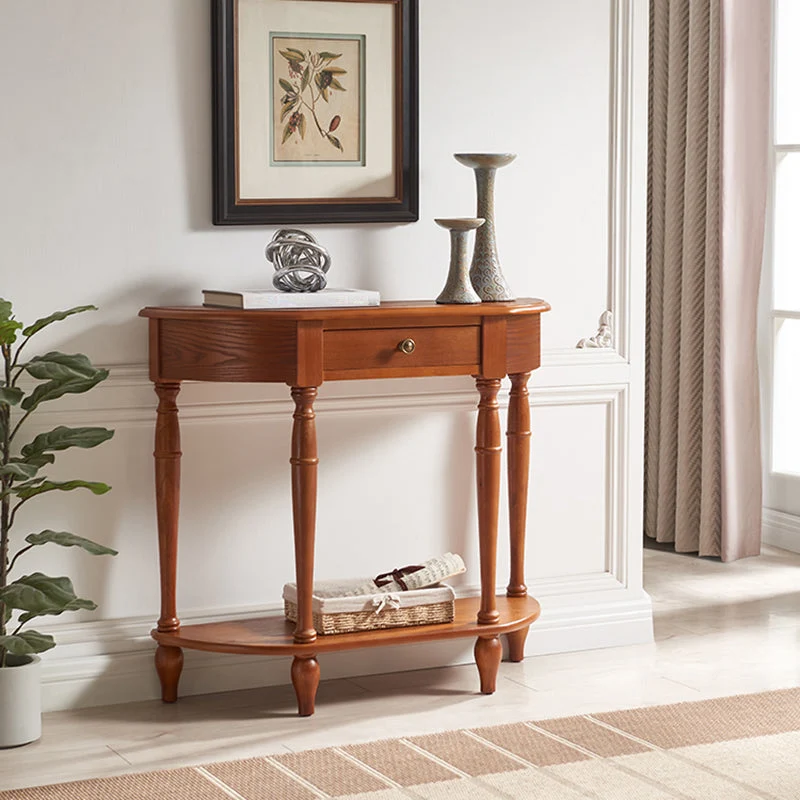 Mid-Century Modern 4 Legs Wood Half Moon Console Table in Brown