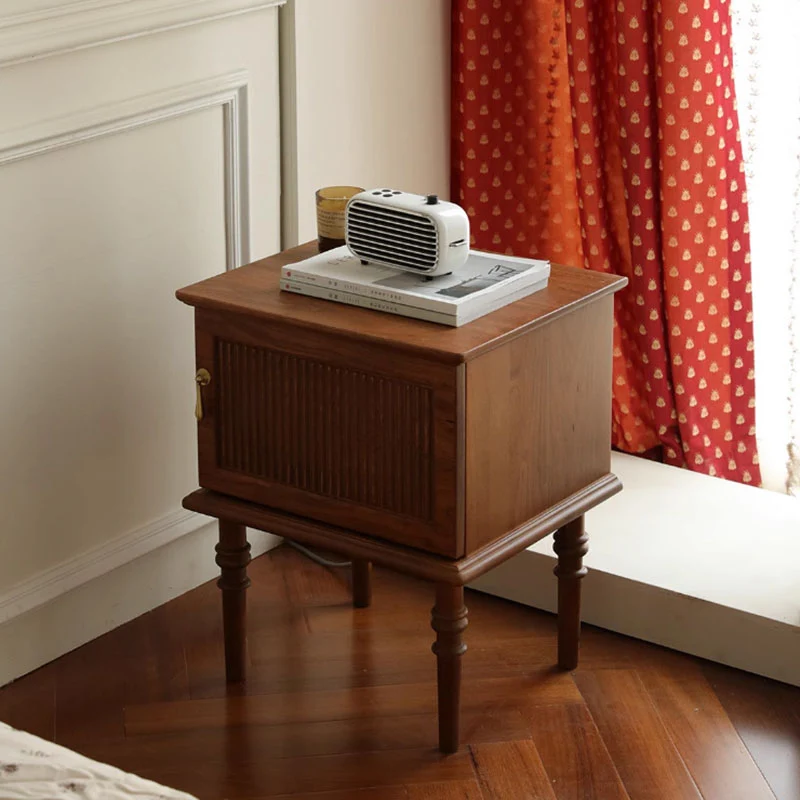 Traditional Vintage Rectangular Walnut Wood Nightstand 4-Leg 1-Cabinet For Bedroom