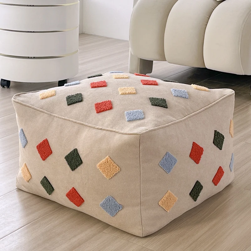 Contemporary Boho Square Polyester EPS Colorful Geometric Low Stool For Living Room