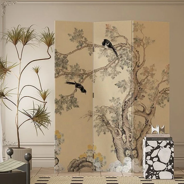 Traditional French Rectangular Fir Wood Solid Wood Plywood Cotton Canvas Floral And Bird Motif Room Divider For Living Room