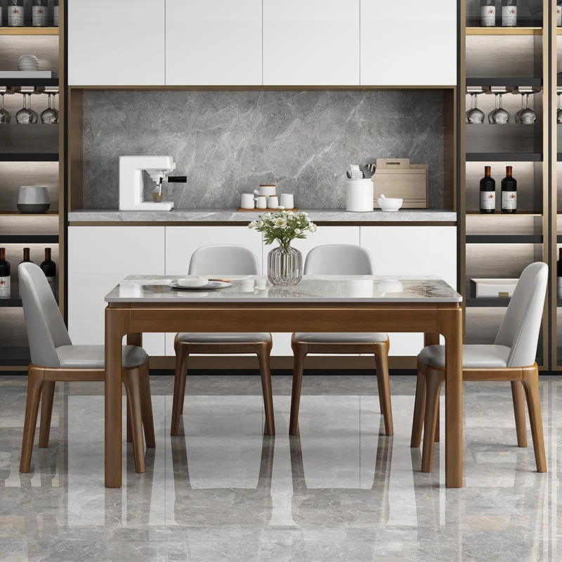 Modern Rectangular Grey Stone Top Dining Table with 4 Rubberwood Legs