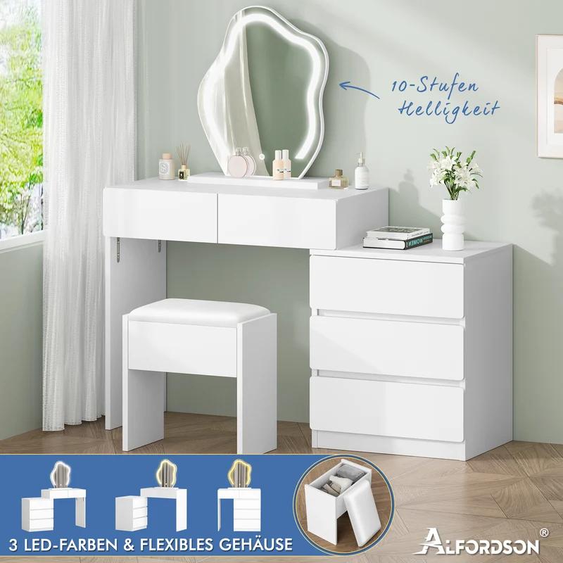ALFORDSON Frisiertisch-Hocker-Set Schminktisch LED Spiegel Schrank Schlafzimmer
