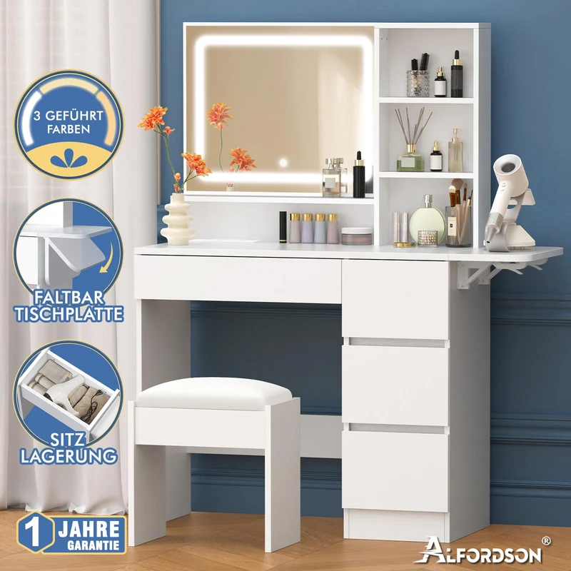 ALFORDSON Frisiertisch-Hocker-Set Schminktisch LED Spiegel Schrank Schlafzimmer