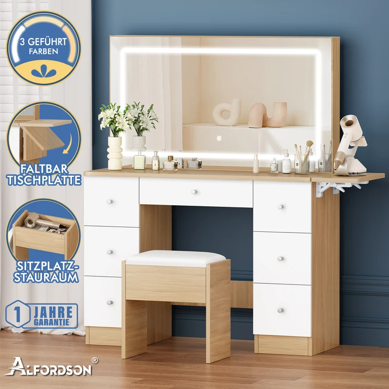ALFORDSON Frisiertisch-Hocker-Set Schminktisch LED Spiegel Schrank Schlafzimmer