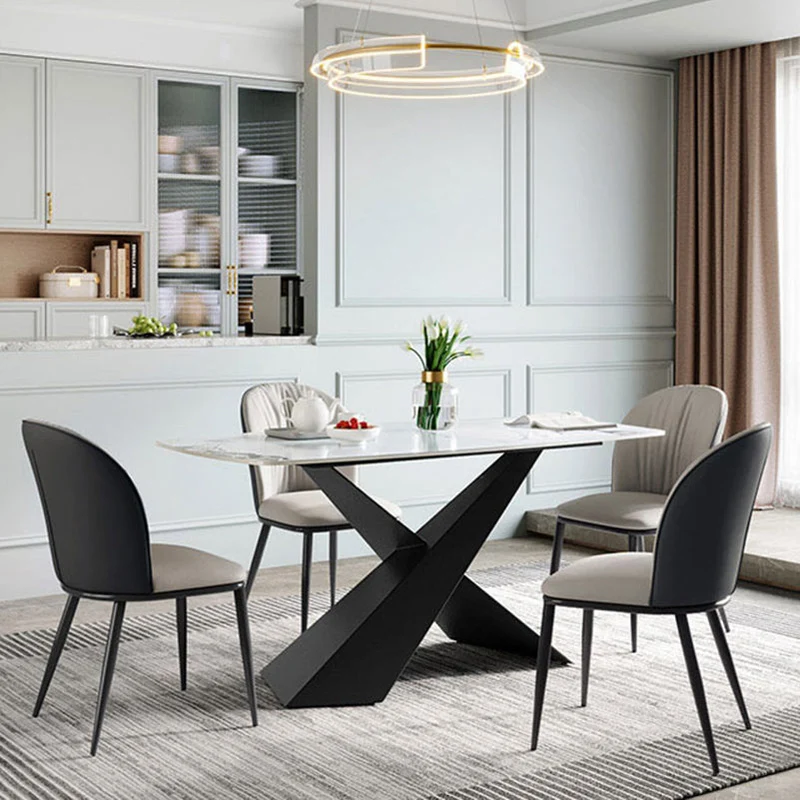 Contemporary White Rectangular Stone Dining Table with Steel X-Base