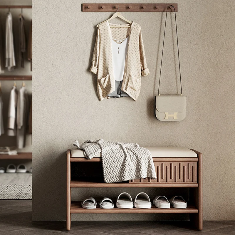 Vintage Modern Entryway Bench With Shoe Rack: Ash Wood Shoe Storage - Traditional Upholstered Bed End Bench For Entryway