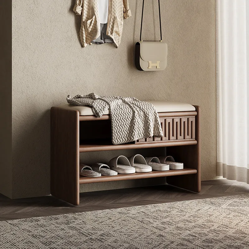 Vintage Modern Entryway Bench With Shoe Rack: Ash Wood Shoe Storage - Traditional Upholstered Bed End Bench For Entryway