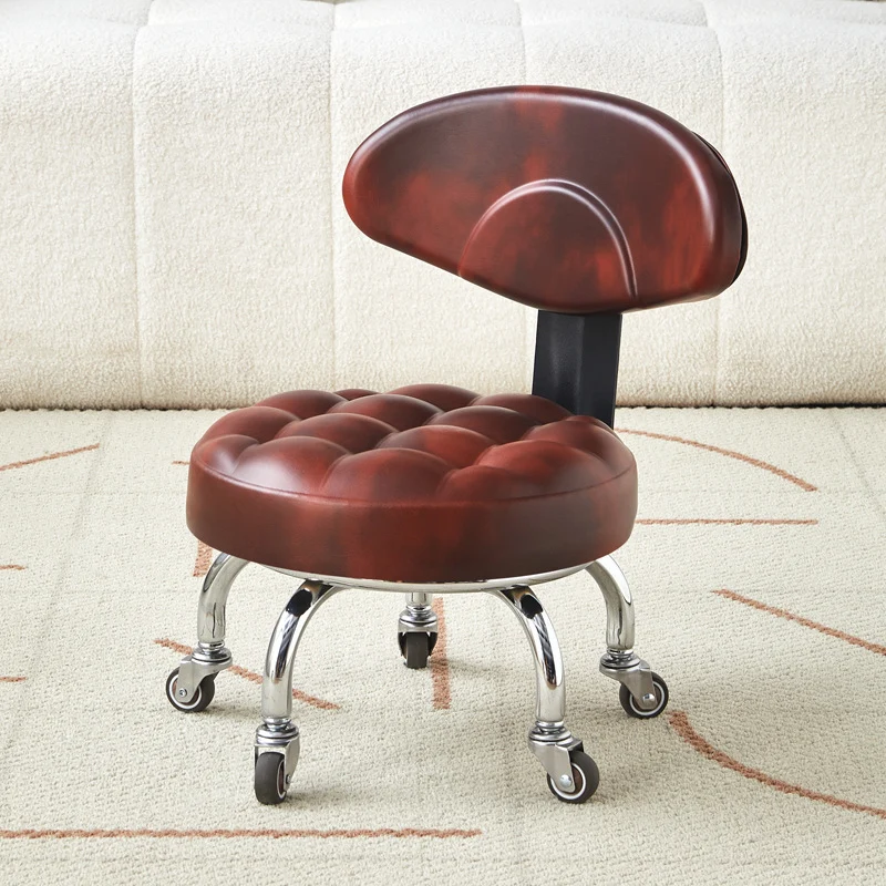 Contemporary Retro Faux Leather Carbon Steel Rubber Round Movable Low Stool Comfortable Backrest For Living Room