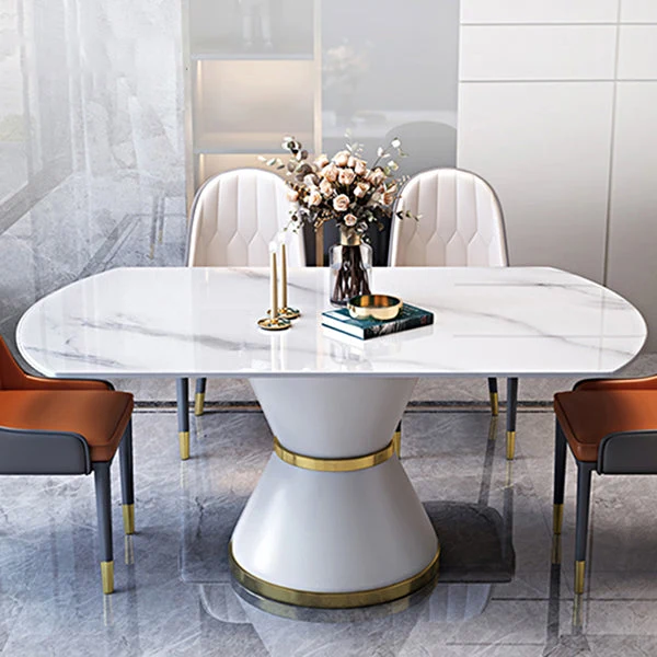Luxury Round White Stone Top Dining Table with White & Gold Pedestal