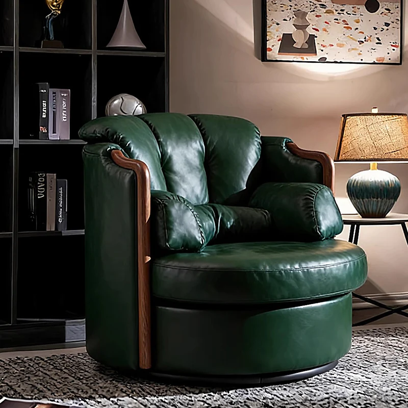 Contemporary Retro Solid Wood Iron Faux Nappa Leather Round Swivel Accent Chair For Living Room