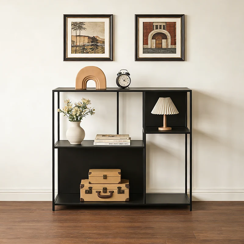Contemporary Industrial Rectangular Iron Floor Display Rack 3-Tier For Living Room