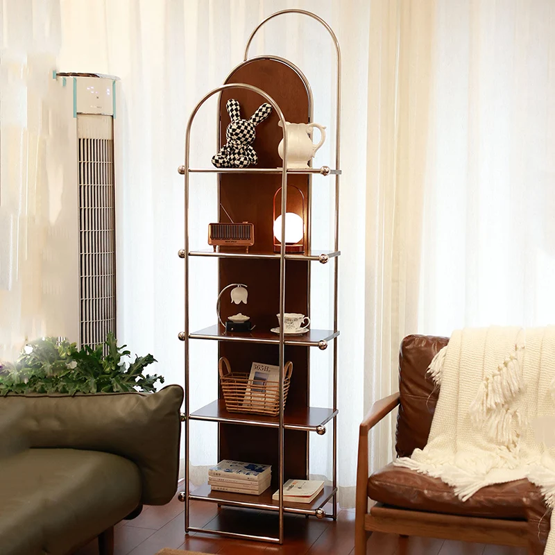 Contemporary Scandinavian Stainless Steel Rubberwood Floor-Standing Corner Display Rack 5-Layer For Living Room & Study