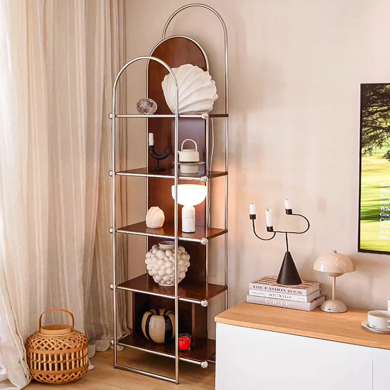 Contemporary Scandinavian Stainless Steel Rubberwood Floor-Standing Corner Display Rack 5-Layer For Living Room & Study