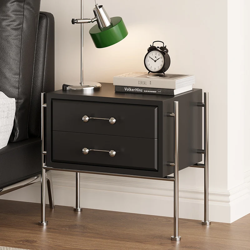 Contemporary Industrial Rectangular Plywood Stainless Steel Pine Wood Nightstand 2-Drawer For Bedroom