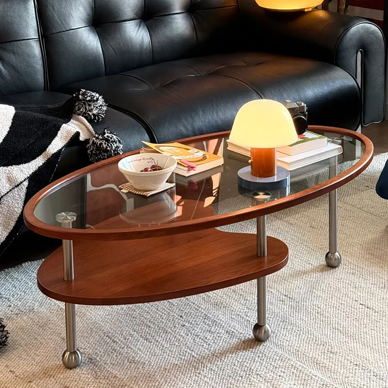 Traditional Vintage Oval Rubberwood Tempered Glass Stainless Steel Coffee Table 2-Tier For Living Room