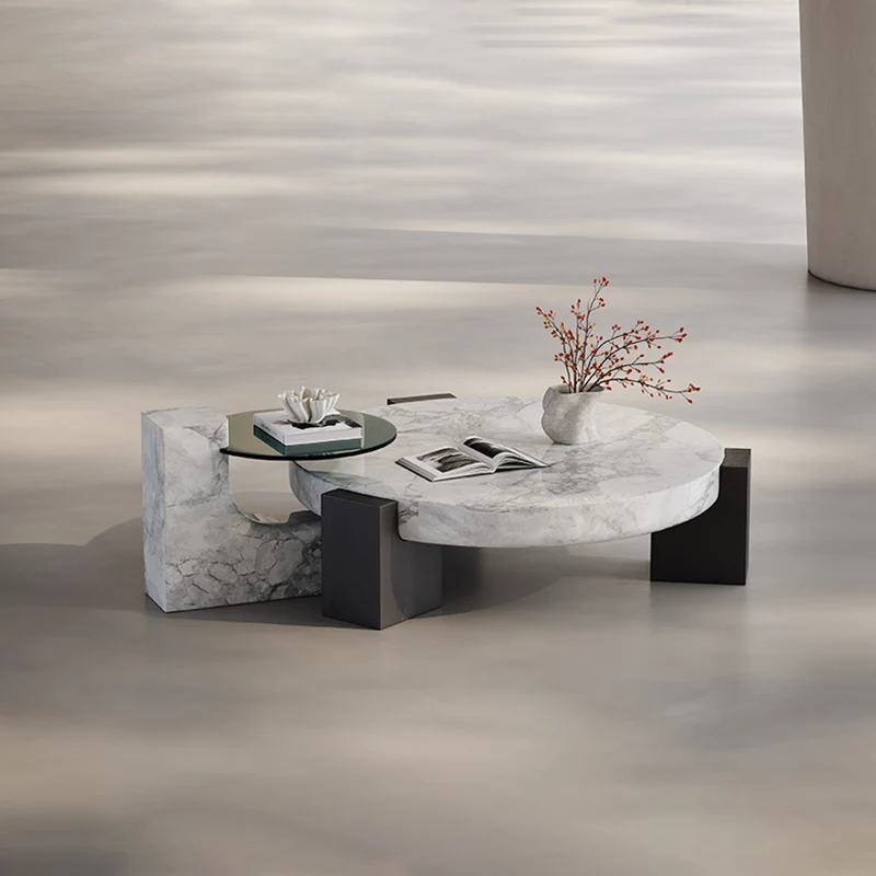 Modern Luxury Round Marble Tempered Glass Ash Wood Coffee Table Set For Living Room