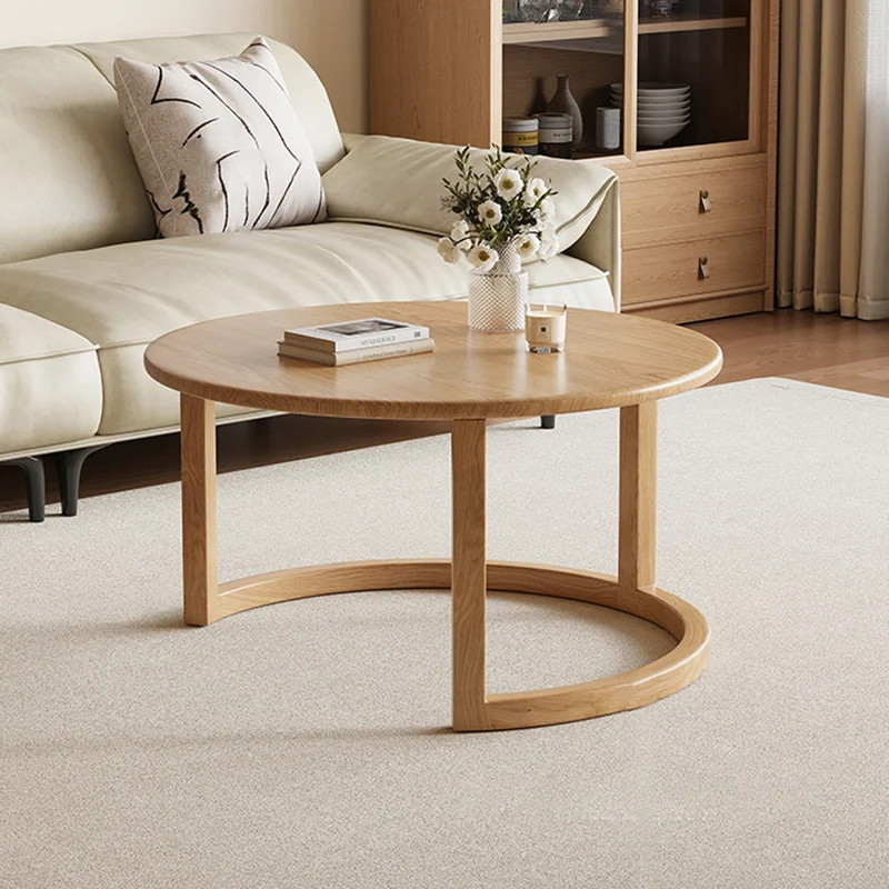 Contemporary Scandinavian Round Stone Slab Rubberwood Coffee Table 1-Drawer For Living Room