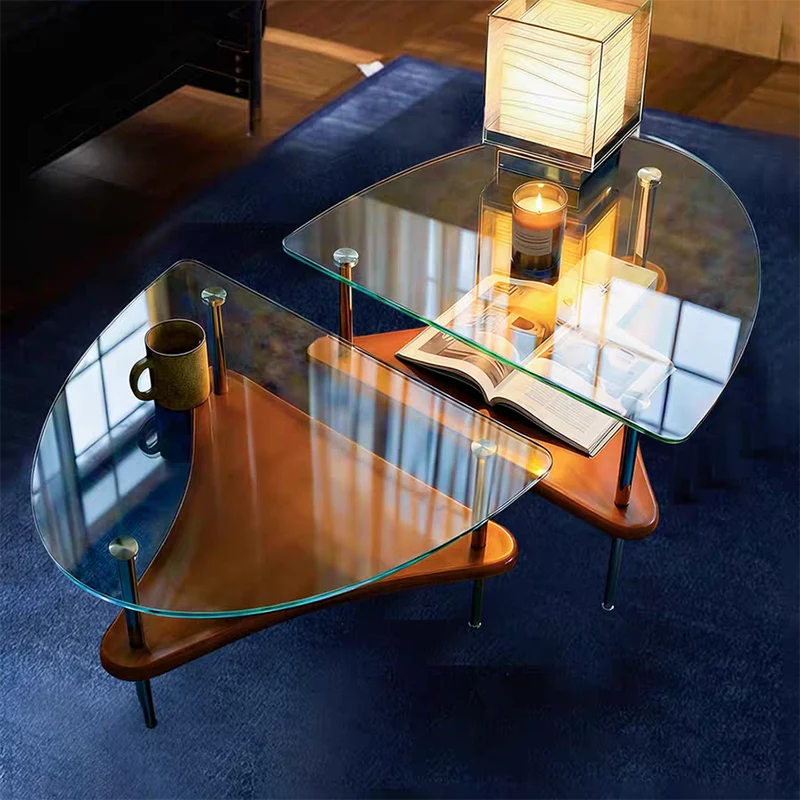 Modern Luxury Semi-Circular Tempered Glass Rubberwood Stainless Steel Coffee Table 2-Tier For Living Room