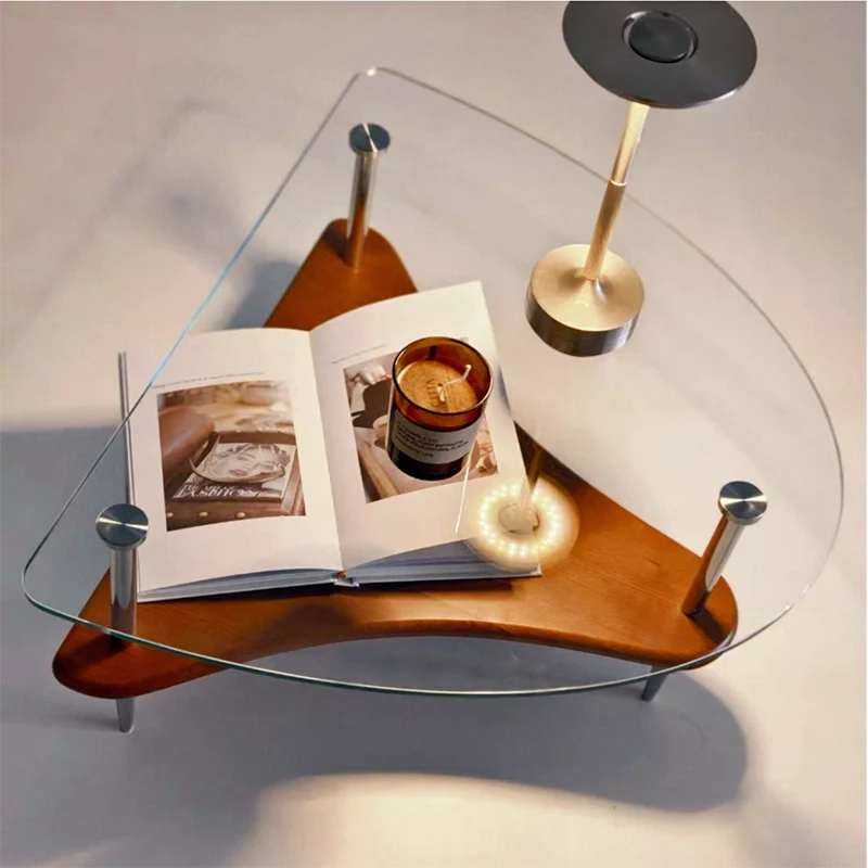 Modern Luxury Semi-Circular Tempered Glass Rubberwood Stainless Steel Coffee Table 2-Tier For Living Room