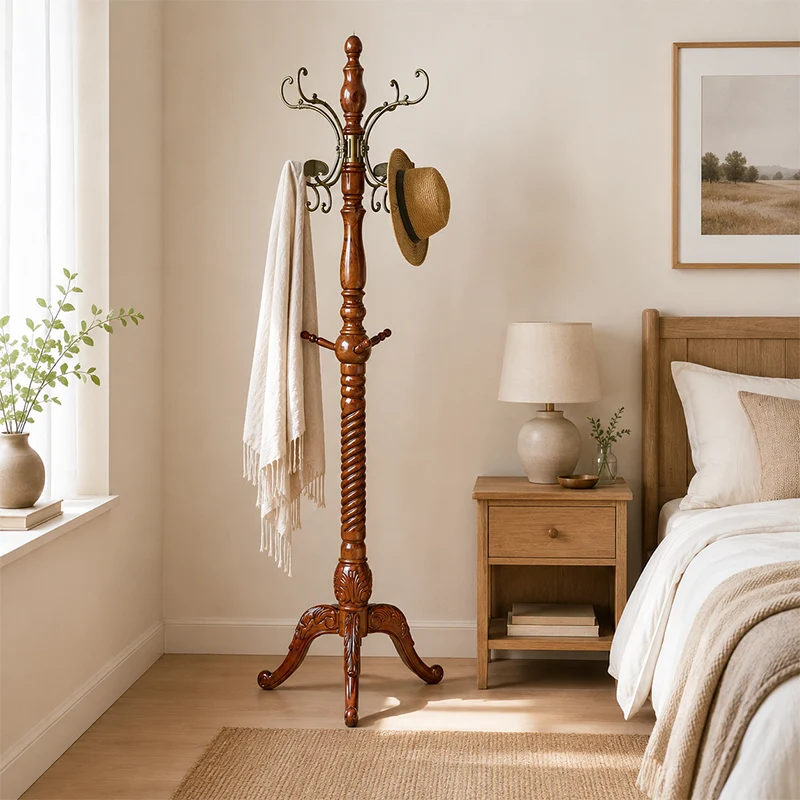Traditional Vintage Eucalyptus Wood Rubberwood Freestanding Coat Rack - Carved Branch Hall Tree For Entryway & Bedroom
