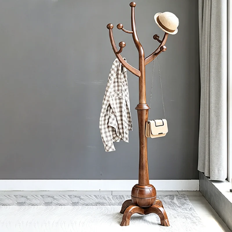 Traditional Vintage Rubberwood Eucalyptus Wood Hall Tree - Round Branch Hooks Freestanding Coat Rack For Entryway & Bedroom