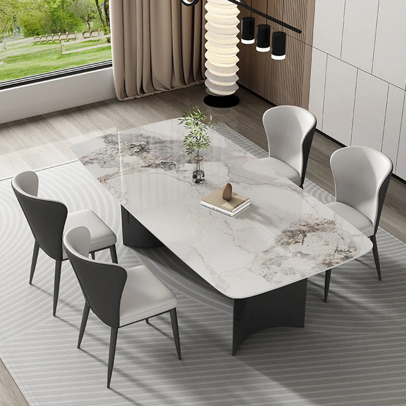 Contemporary Gray Rectangular Stone Dining Table with Double Pedestal