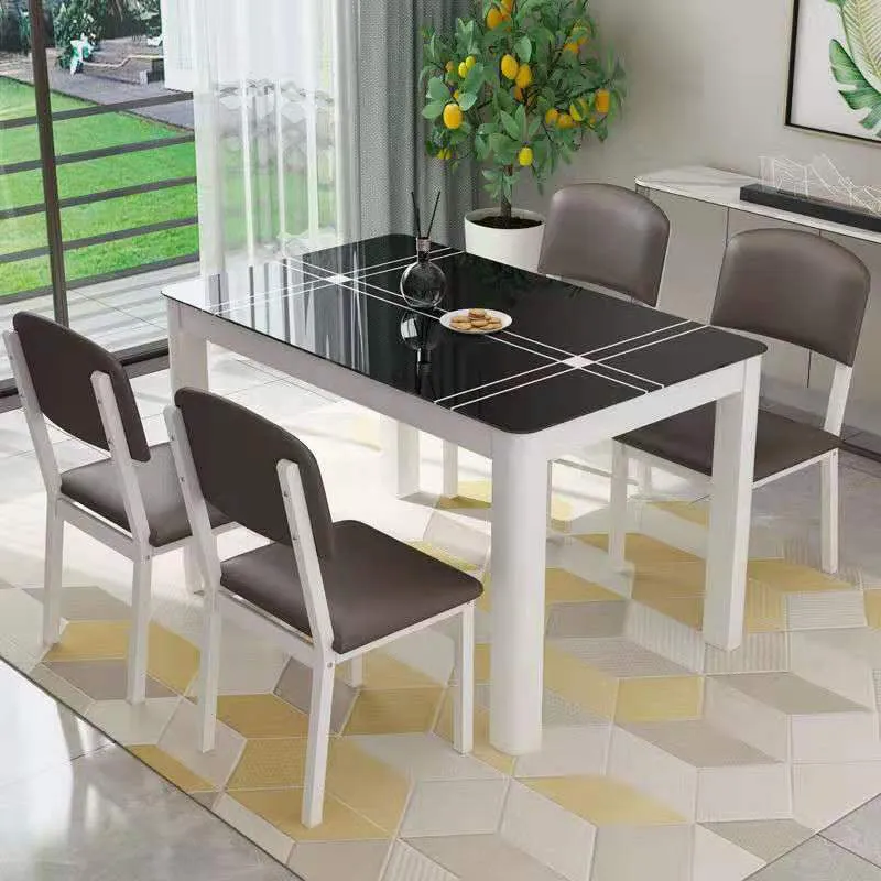 Contemporary Rectangle Black Glass Dining Table with 4 Steel Foot