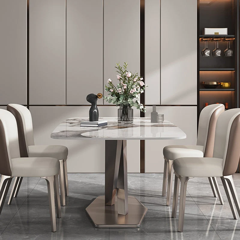 Luxury Rectangular Stone Top Dining Table with Gold Steel X-Base