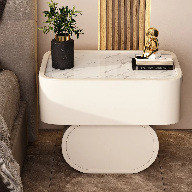 Contemporary Luxury Cylindrical Rectangular Slab Stone Solid Wood Medium Density Fiberboard Faux Leather Nightstand 2-Drawer For Bedroom
