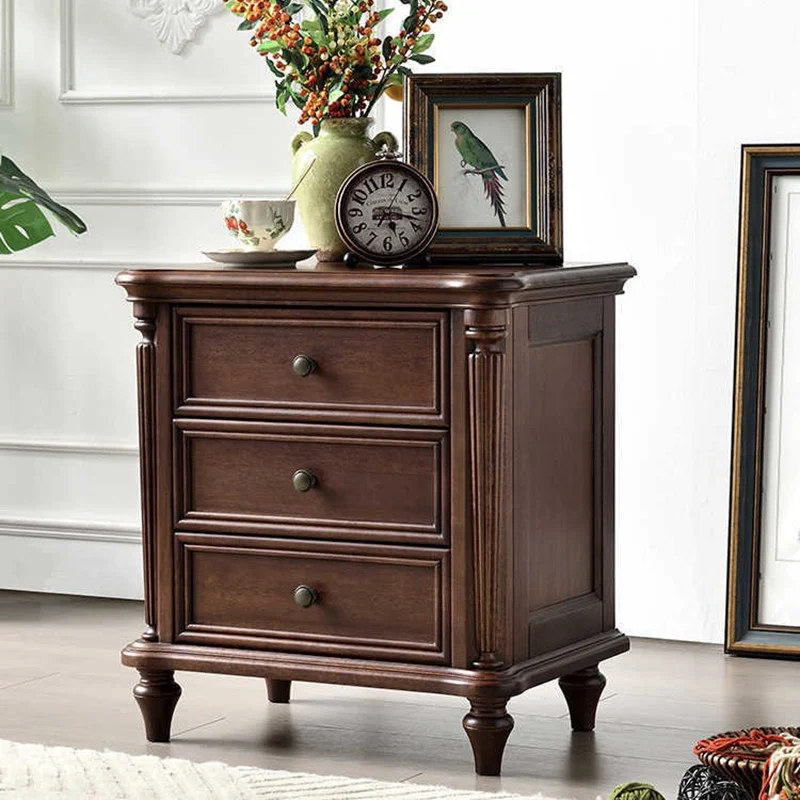 Traditional Vintage Rectangular Walnut Solid Wood Copper Nightstand 3-Drawer For Bedroom