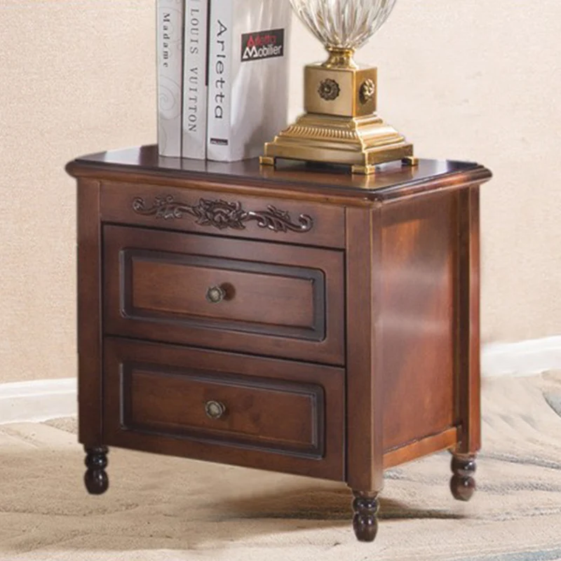 Traditional Vintage Rectangular Rubberwood Multi-Layer Plywood Aluminum Alloy Nightstand 2-Drawer For Bedroom