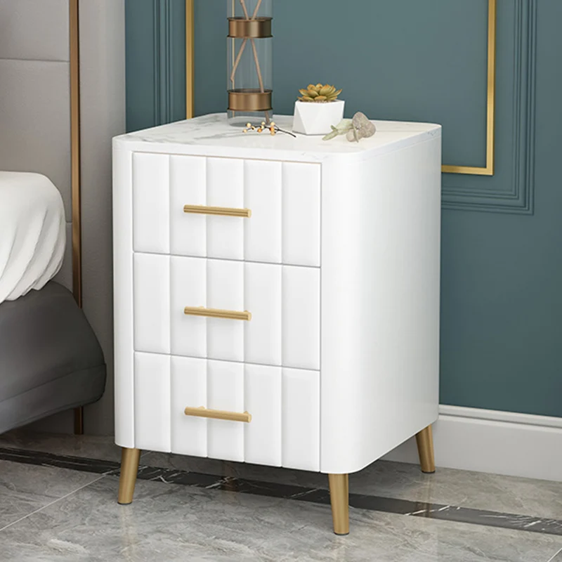 Contemporary Luxury Rectangular Marble Solid Wood Iron Velvet PU Leather Nightstand 3-Drawer For Bedroom