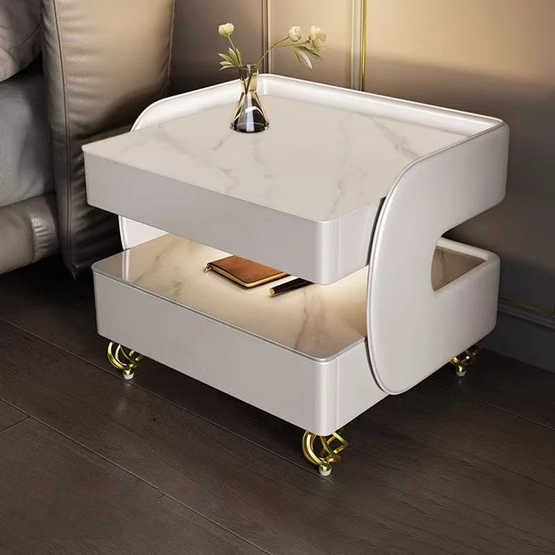 Modern Minimalist Rectangular Stone Slab Tempered Glass Solid Wood Fiberboard Steel Nightstand 2-Drawer For Bedroom
