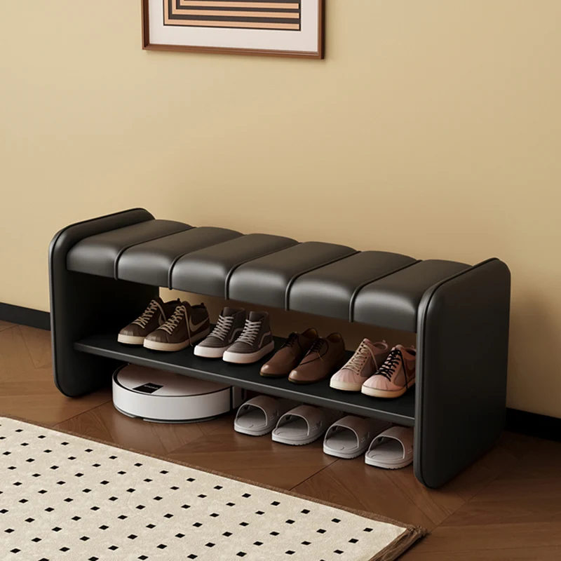Modern Luxury Faux Leather Plywood Rectangular Shoe Bench With 2-Tier Storage For Entryway