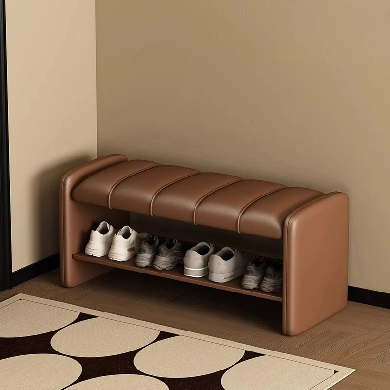 Modern Luxury Faux Leather Plywood Rectangular Shoe Bench With 2-Tier Storage For Entryway