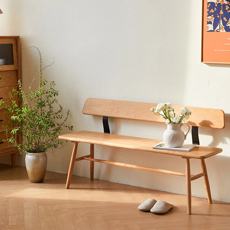 Modern Minimalist Solid Wood Rectangular Bench With Backrest For Dining Room & Bedroom & Living Room