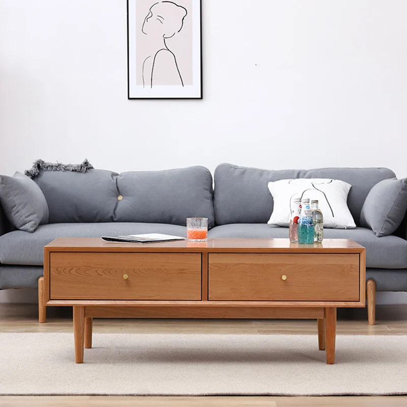 Modern Minimalist Solid Wood Rectangular Coffee Table With 2-Drawer For Living Room