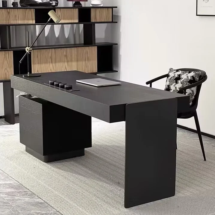 Modern Minimalist Oak Wood Rectangular Desk With Wireless Charging & 5 Drawers For Bedroom & Home Office