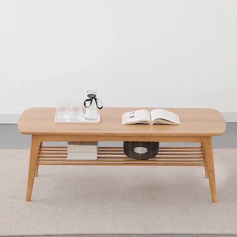 Contemporary Nordic Oak Rounded-Edge Coffee Table With 2-Tier Storage For Living Room