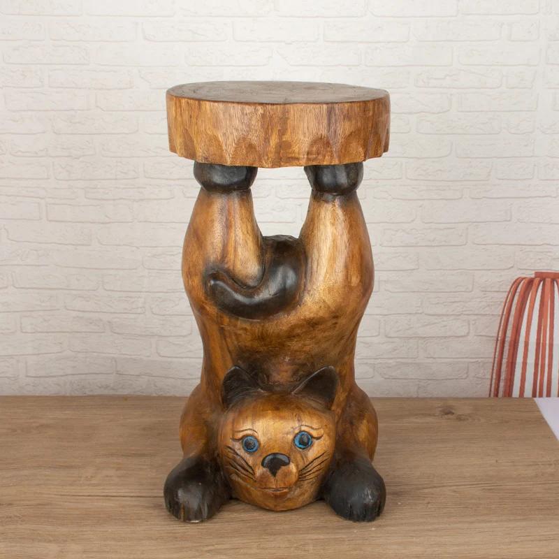 Contemporary Creative Solid Wood Cat Design Side Table For Living Room - Hand-Carved Accent Table In Natural Wood