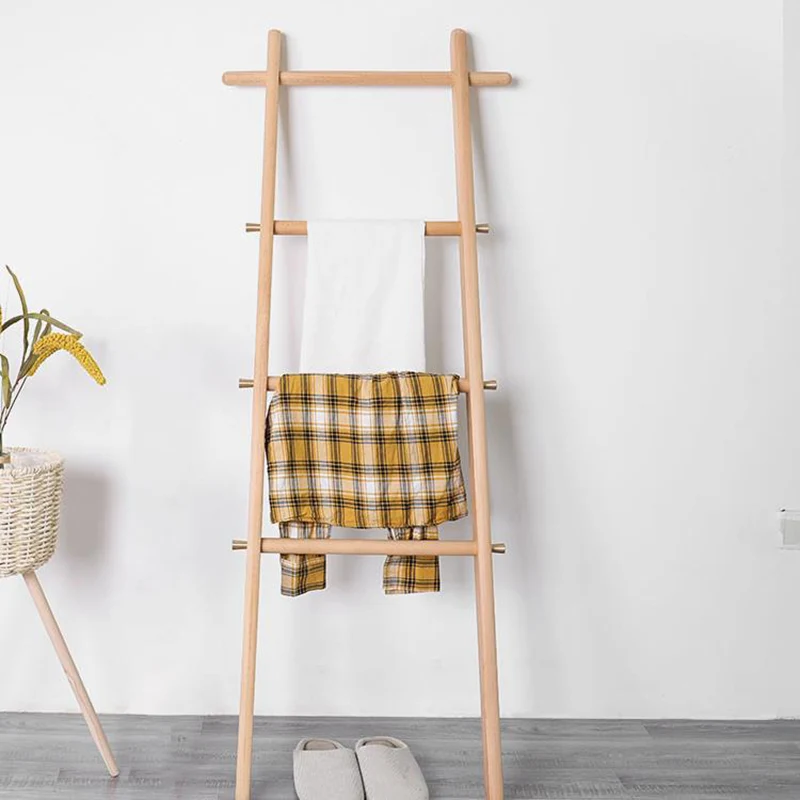 Modern Minimalist Solid Wood Ladder Hall Tree - Ladder-Style Towel & Garment Stand For Bedroom & Bathroom
